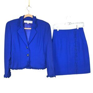 VTG Women 6 Wool Skirt Set Blue Ruffle Retro Business Church USA Noviello Bloom